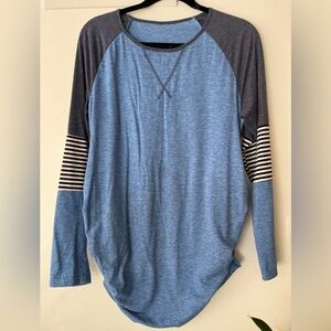 Blue and Gray Long Sleeve Top with Striped Sleeves